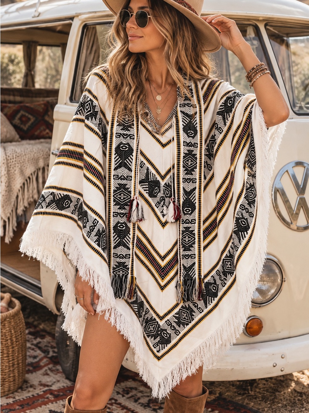 Vintage Boho Aztec Poncho Hooded Fringe Southwestern Western Festival Cape